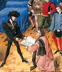 Detail of painting showing presentation by Jean Miélot to